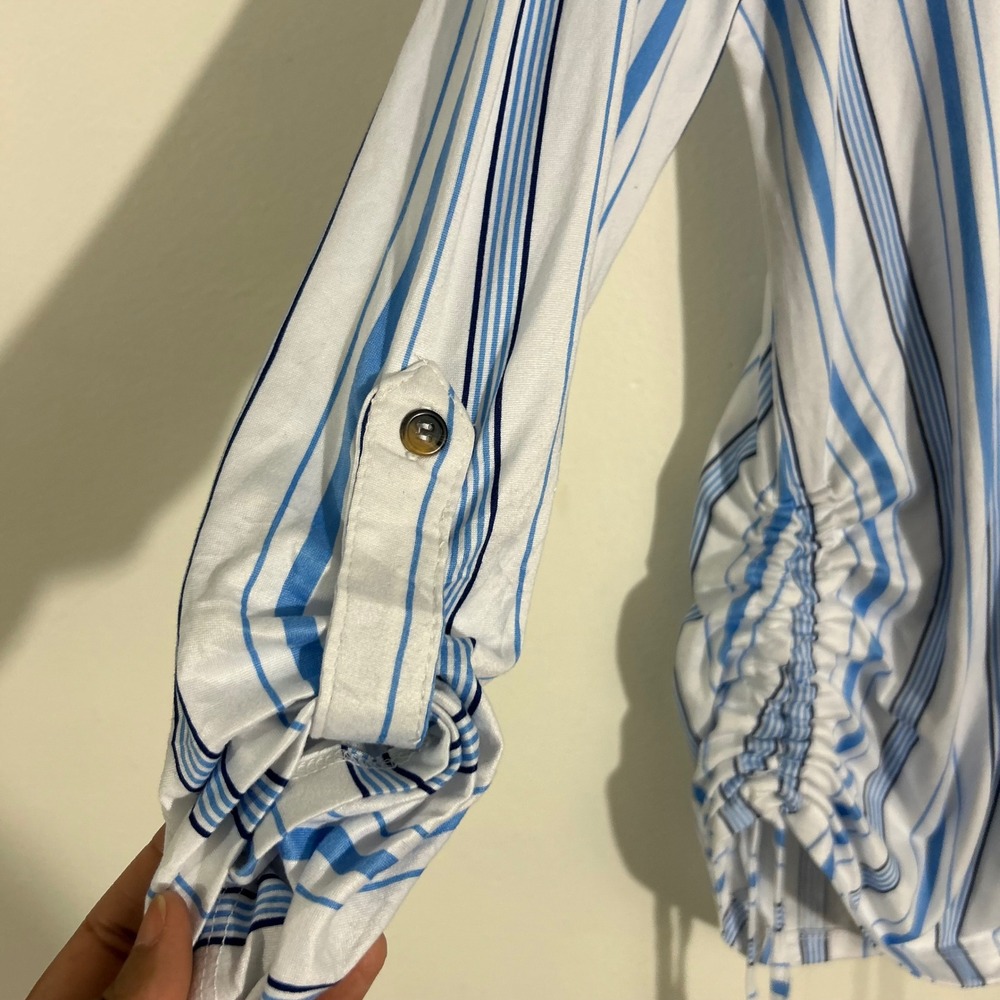 Striped Button Down Shirt Blue White Long Sleeve Drawstring Casual Womens - Picture 7 of 9